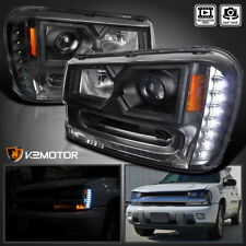Black Fits 2002-2009 Chevy Trailblazer LED Strip Projector Headlights Left+Right picture