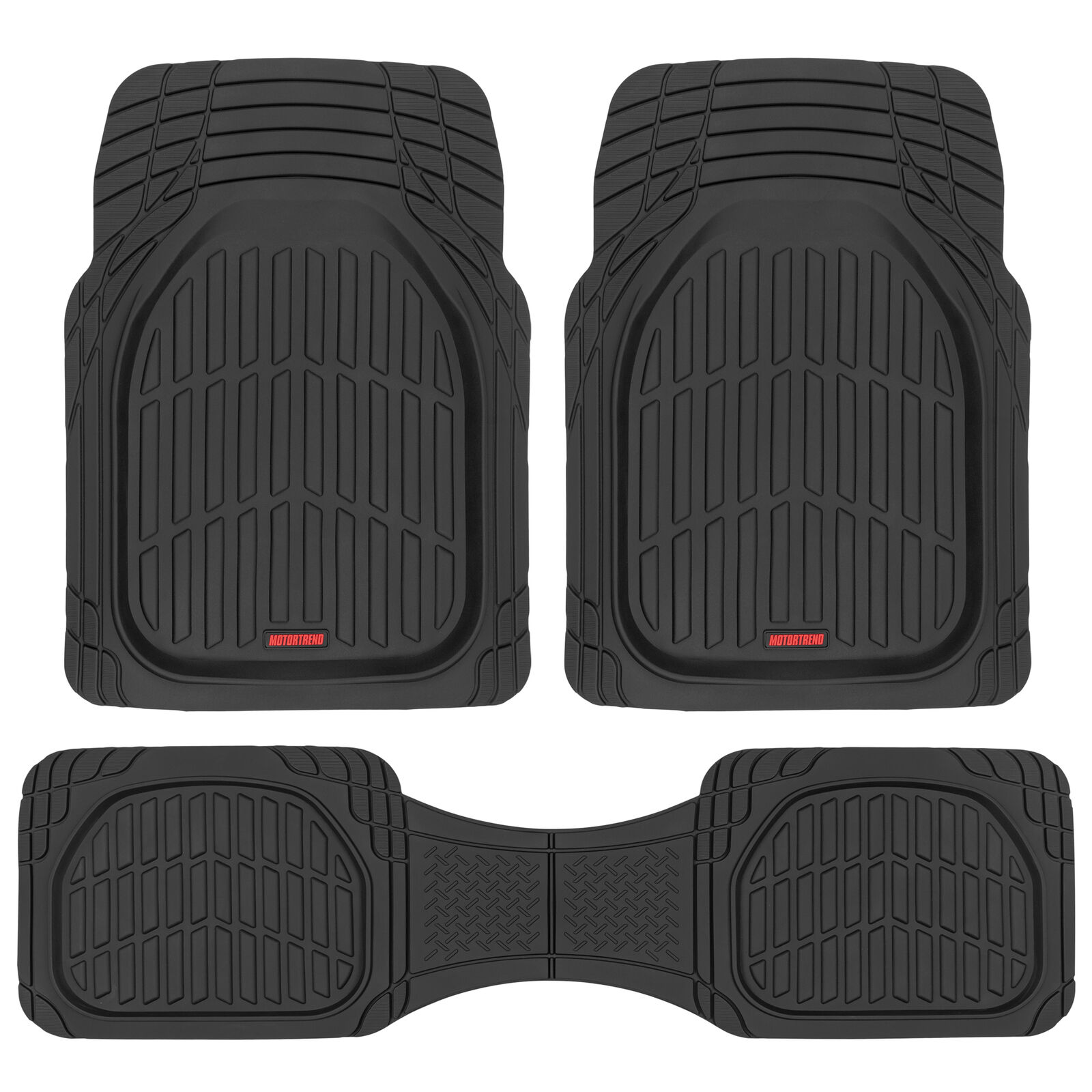 Deep Dish Heavy Duty Rubber Car Floor Mats 3pc Front Rear in Black All Weather