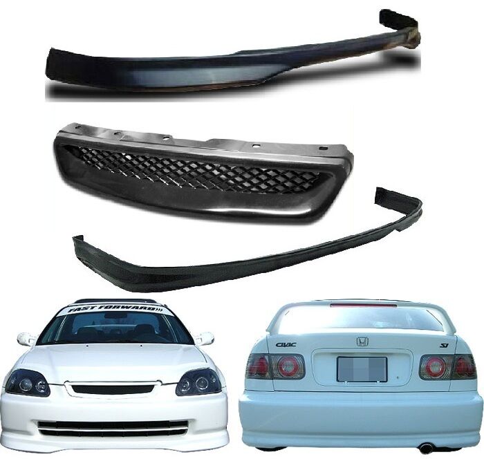 FOR 96 97 98 CIVIC 2 / 4 DOOR TYPE R PU BLACK FRONT + REAR BUMPER LIP + GRILL
