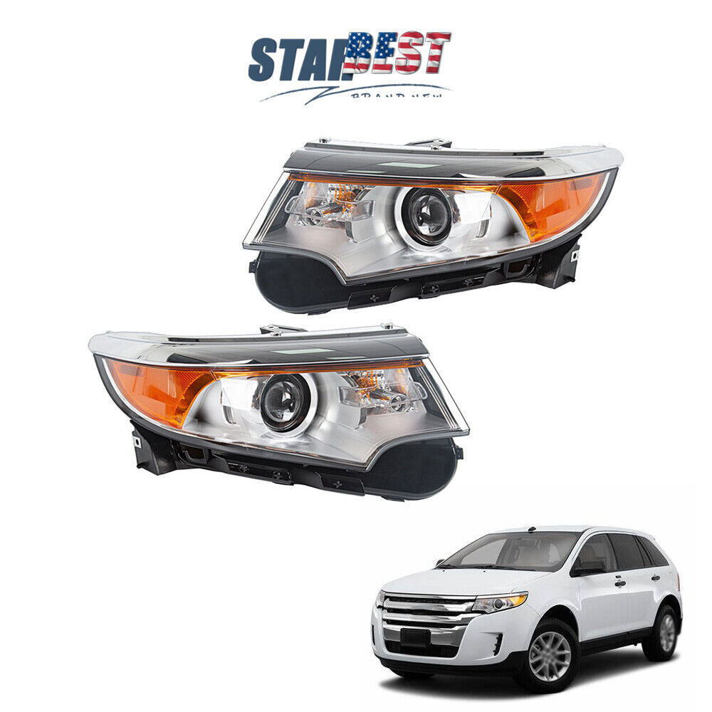 Pair Headlights Assembly Halogen Chrome Clear For 2011-2014 Ford Edge Right&Left