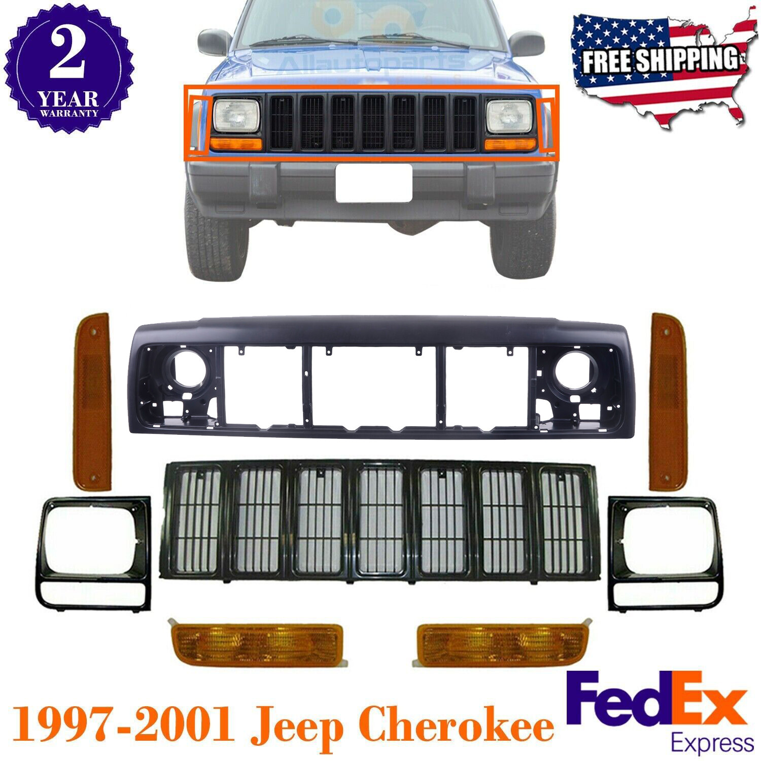 Grille + Header Panel + Headlight Bezel + Lights Kit For 1997-2001 Jeep Cherokee