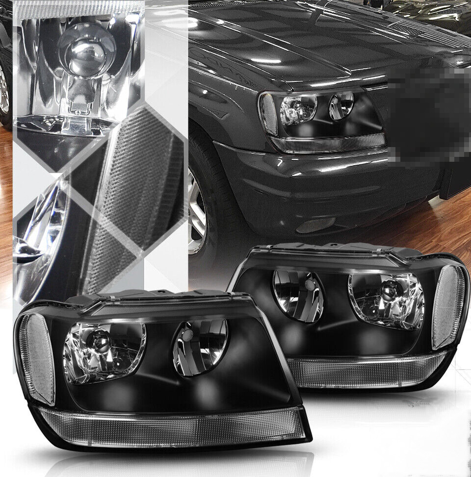 For 1999-2004 Jeep Grand Cherokee Headlights Assembly Black Housing Headlamps