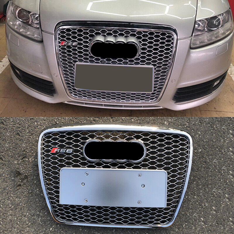 RS6 Style Sliver ring Honeycomb Front bumper Grille For Audi A6 C6 2005-2011