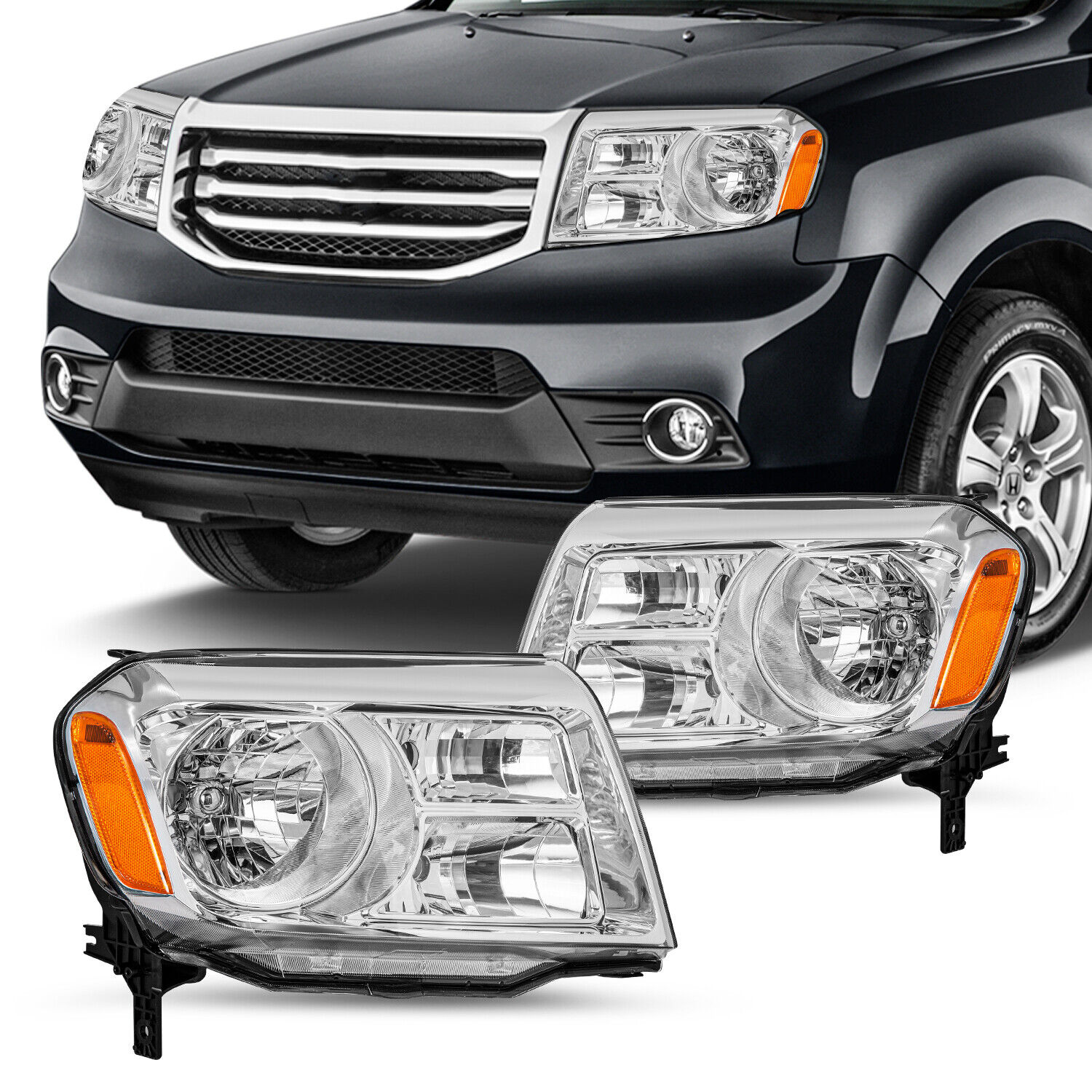 For 2012 2013 2014 2015 Honda Pilot Halogen Chrome Headlights Assembly Lamps L+R