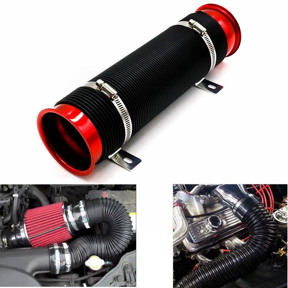Universal 3\'\' Flexible Car Cold Air Intake Hose Filter Pipe Telescopic Tube Red