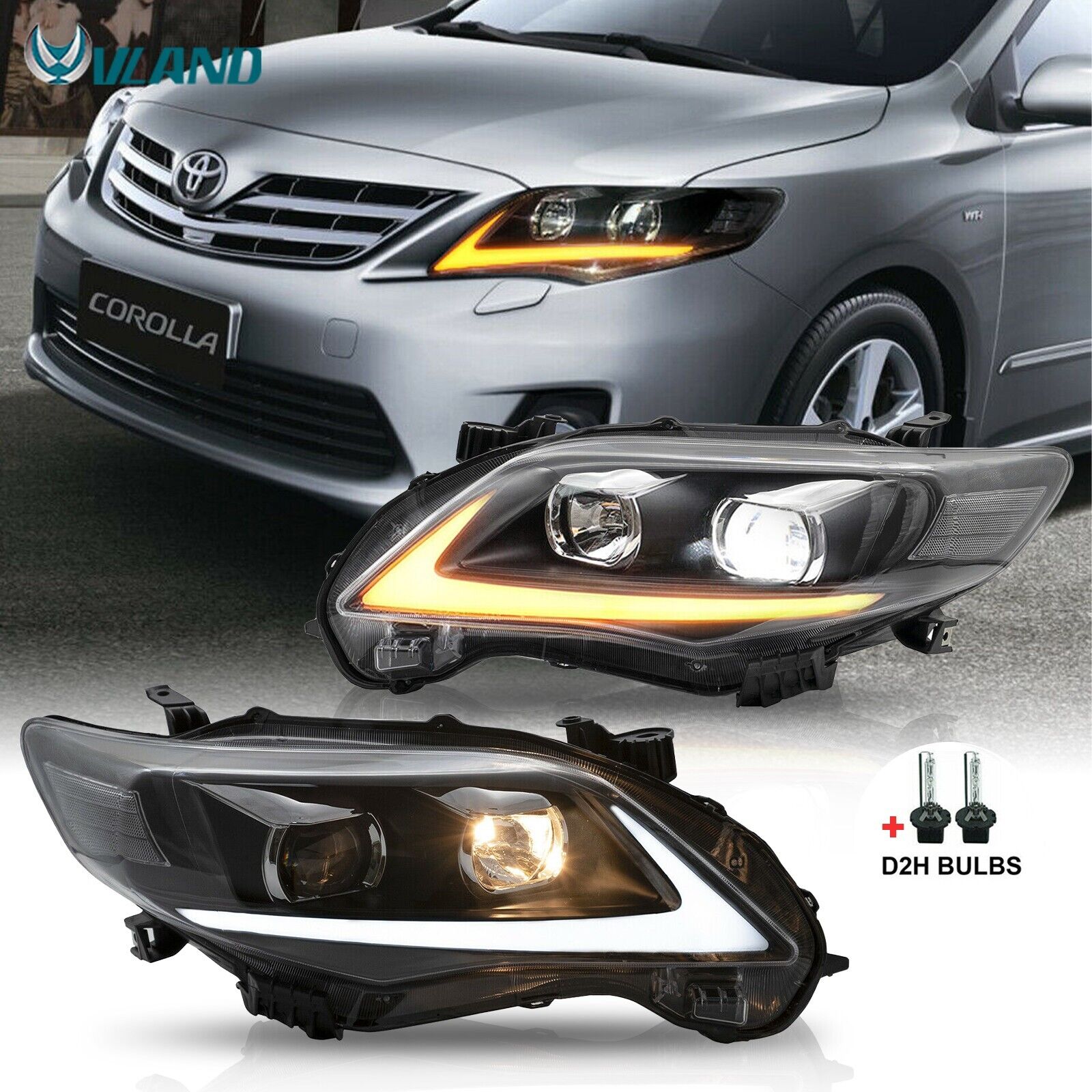 Front Lamps Headlights For 2011-2013 Toyota Corolla LED Clear Projector RH+LH