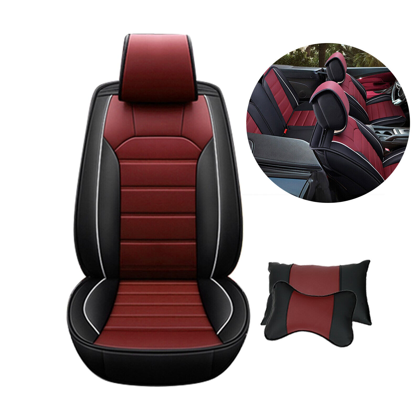 Universal Leather Car Seat Cover 5-Seat Front Rear Full Set Waterproof w/ Pillow