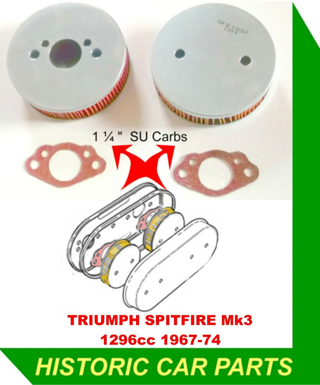2 x 1¼” SU Carb AIR FILTERS & GASKETS for Triumph Spitfire 1300 Mk 3 1967-74