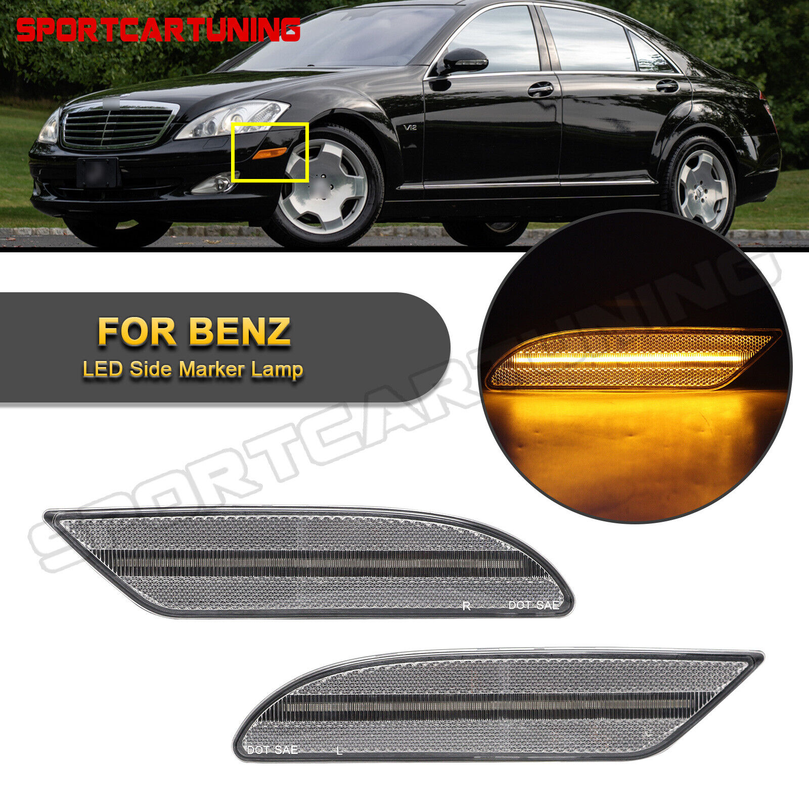 2x LED Front Bumper Side Marker Light For 2007-2009 Mercedes Benz W221 S550 S600