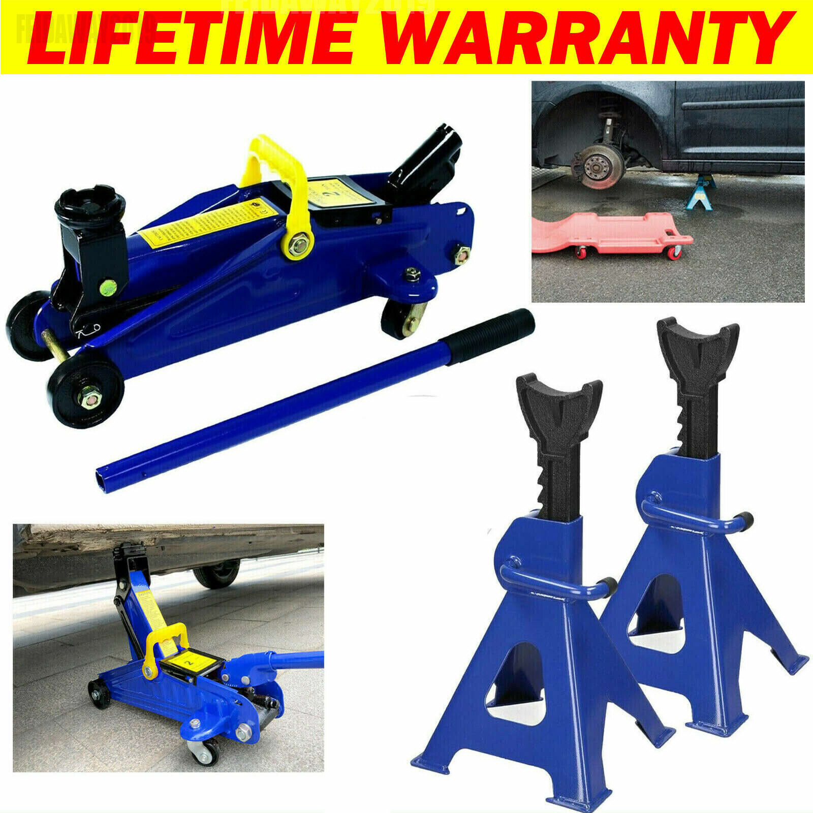 2 Ton Tonne Hydraulic Low Profile Floor Trolley Jack + 3 Ton Jack Stand Lifting