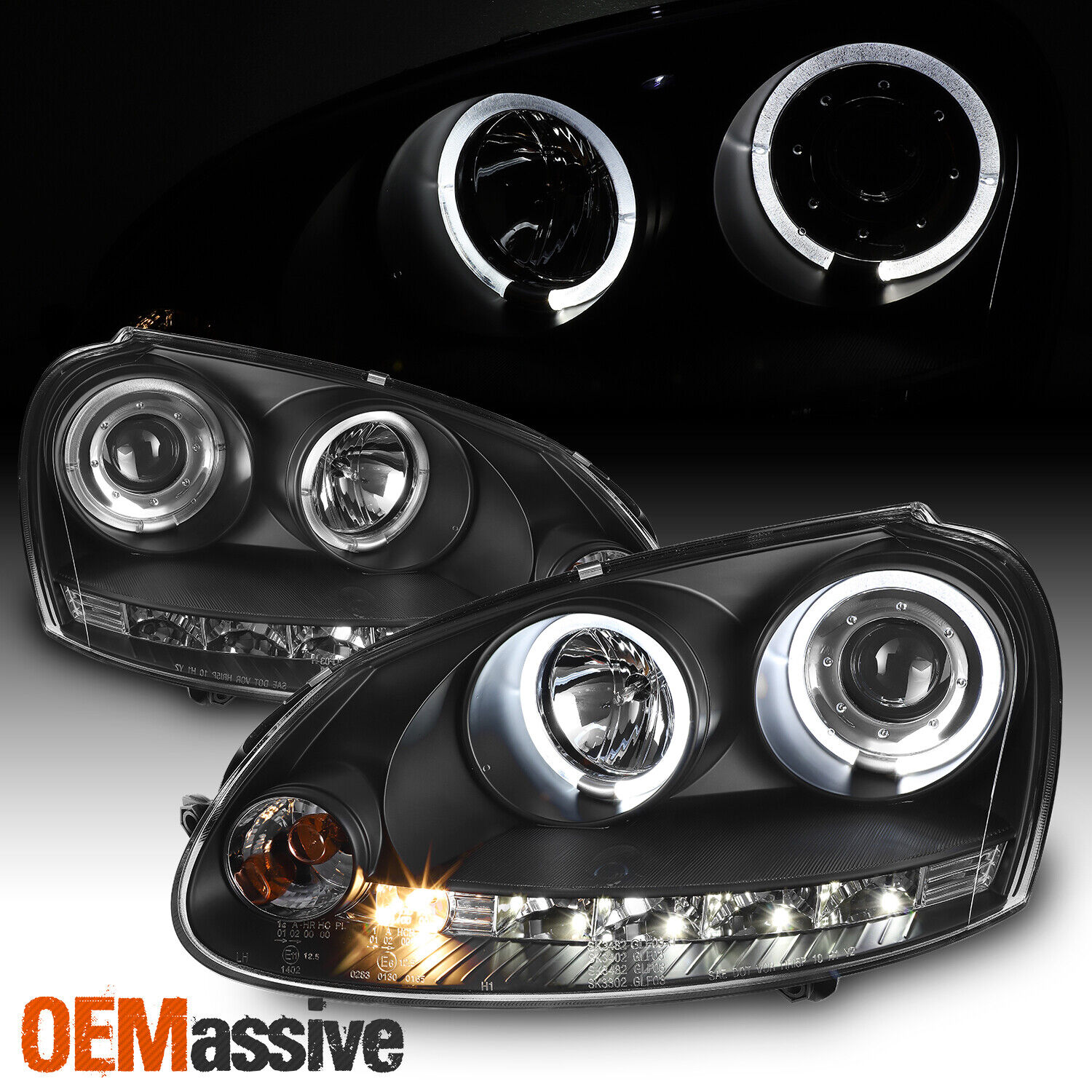 Fits 06-09 Golf GTi R32 Jetta Rabbit JDM Black Halo Projector DRL LED Headlights