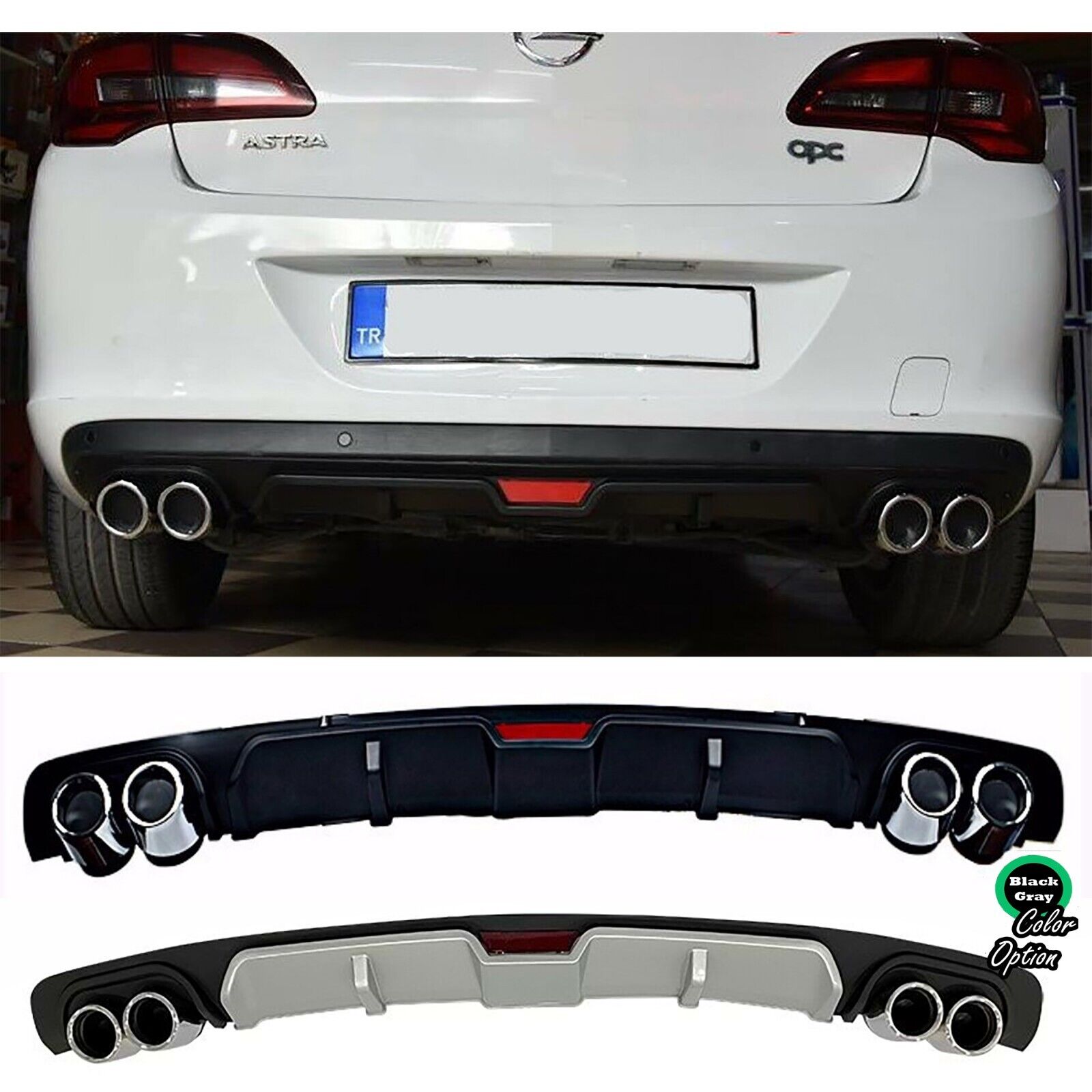 For Opel Astra J Sedan Rear Diffuser Diffusor Black or Gray +Chrome Exhaust View