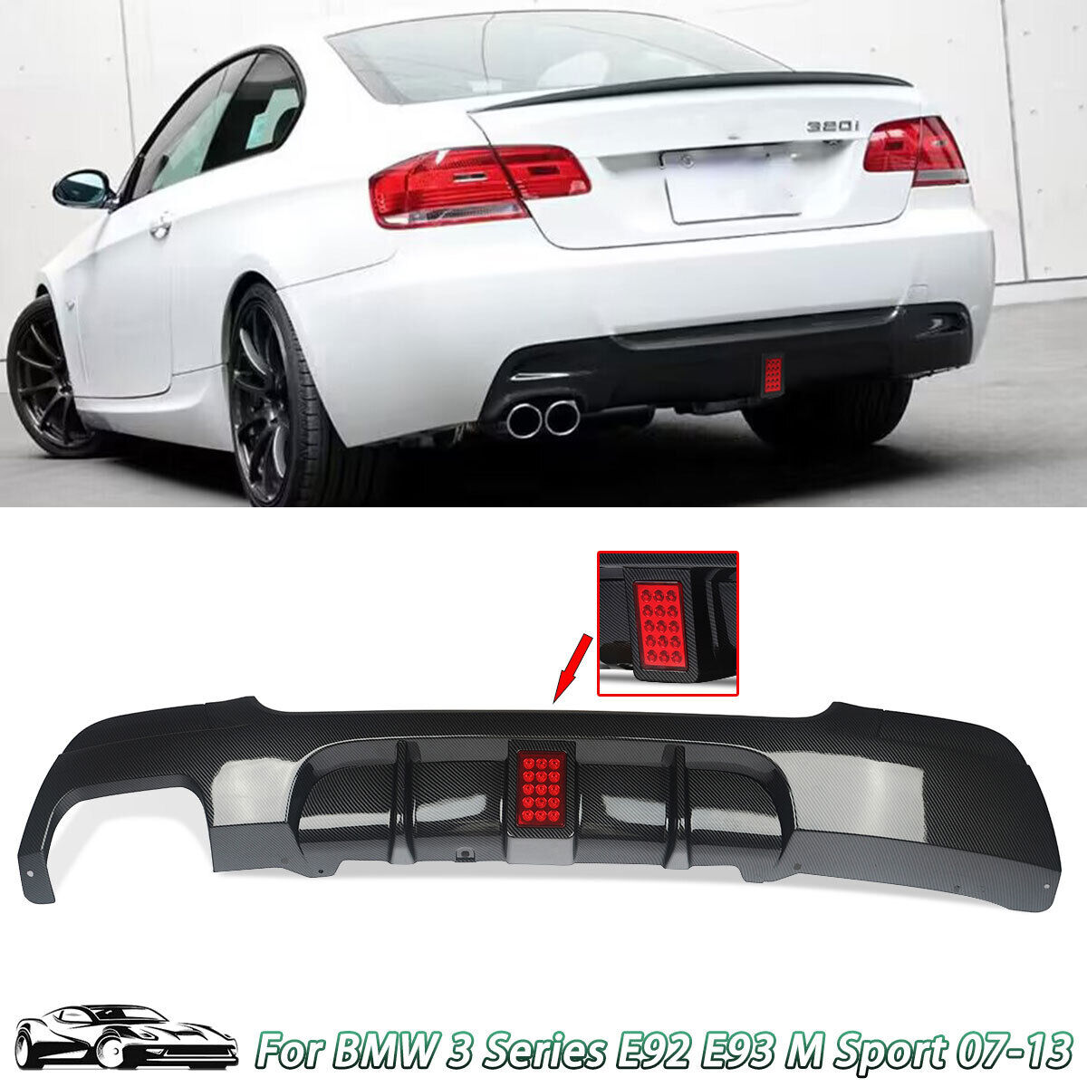 For 08-13 BMW E92 E93 Coupe Carbon Look Rear Left Dual Exhaust Diffuser Lip ABS
