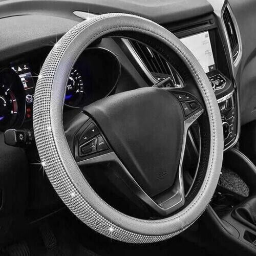 Steering Wheel Cover Gray Diamond Bling Rhinestone Universal Fit 15'' 5