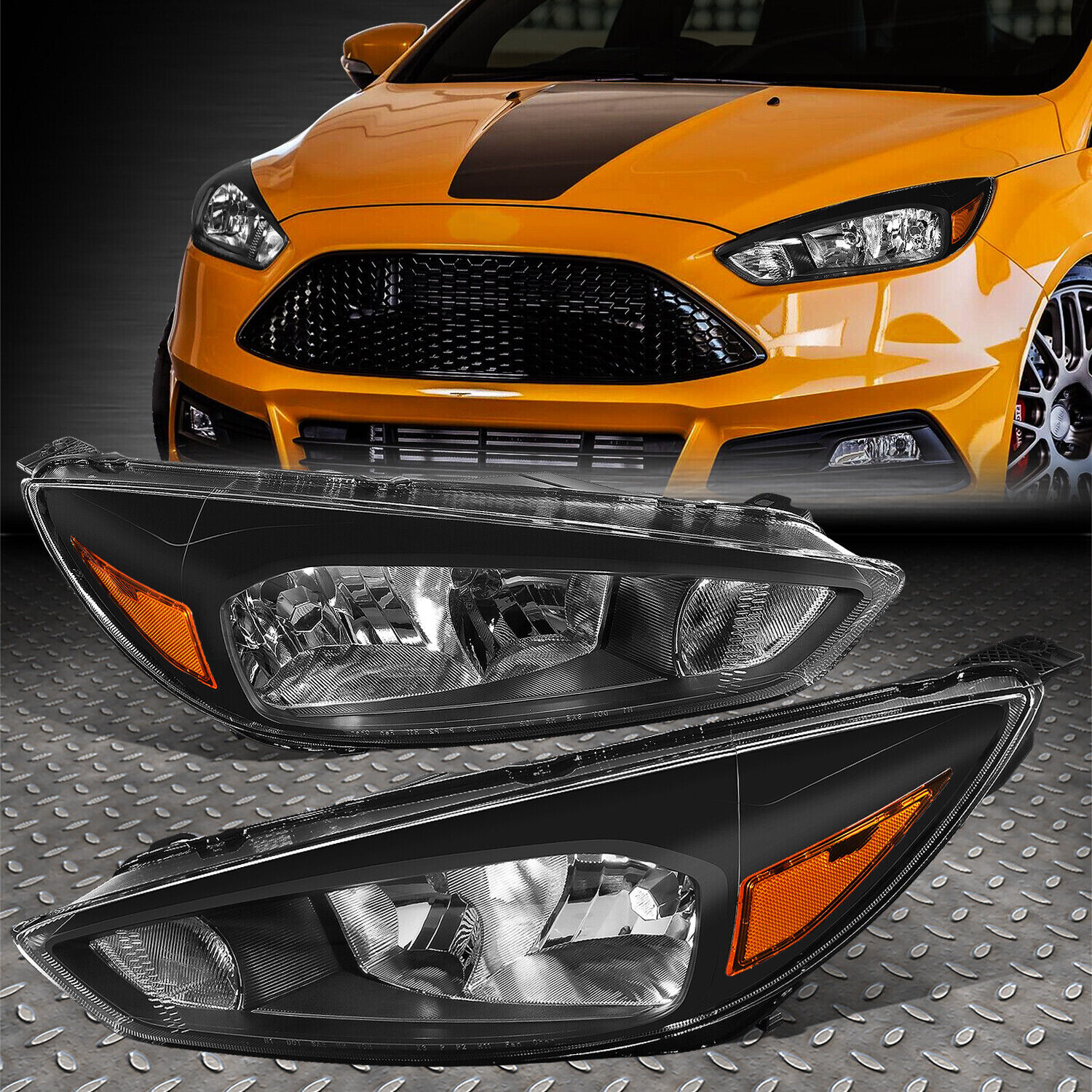 FOR 15-18 FORD FOCUS OE STYLE BLACK HOUSING AMBER CORNER HEADLIGHT HEAD LAMPS