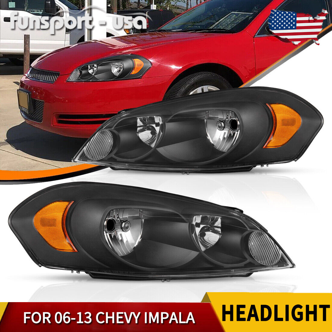 Black Housing Headlights For 2006 - 2013 Chevy Impala Amber Corner Bumper lamps
