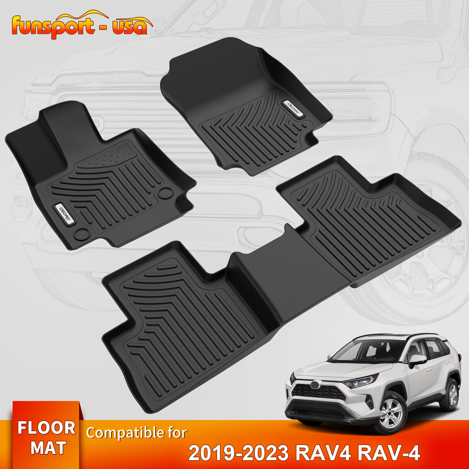Floor Mats for 2019-2024 Toyota RAV4 RAV-4 TPE All Weather Front & Rear Liners