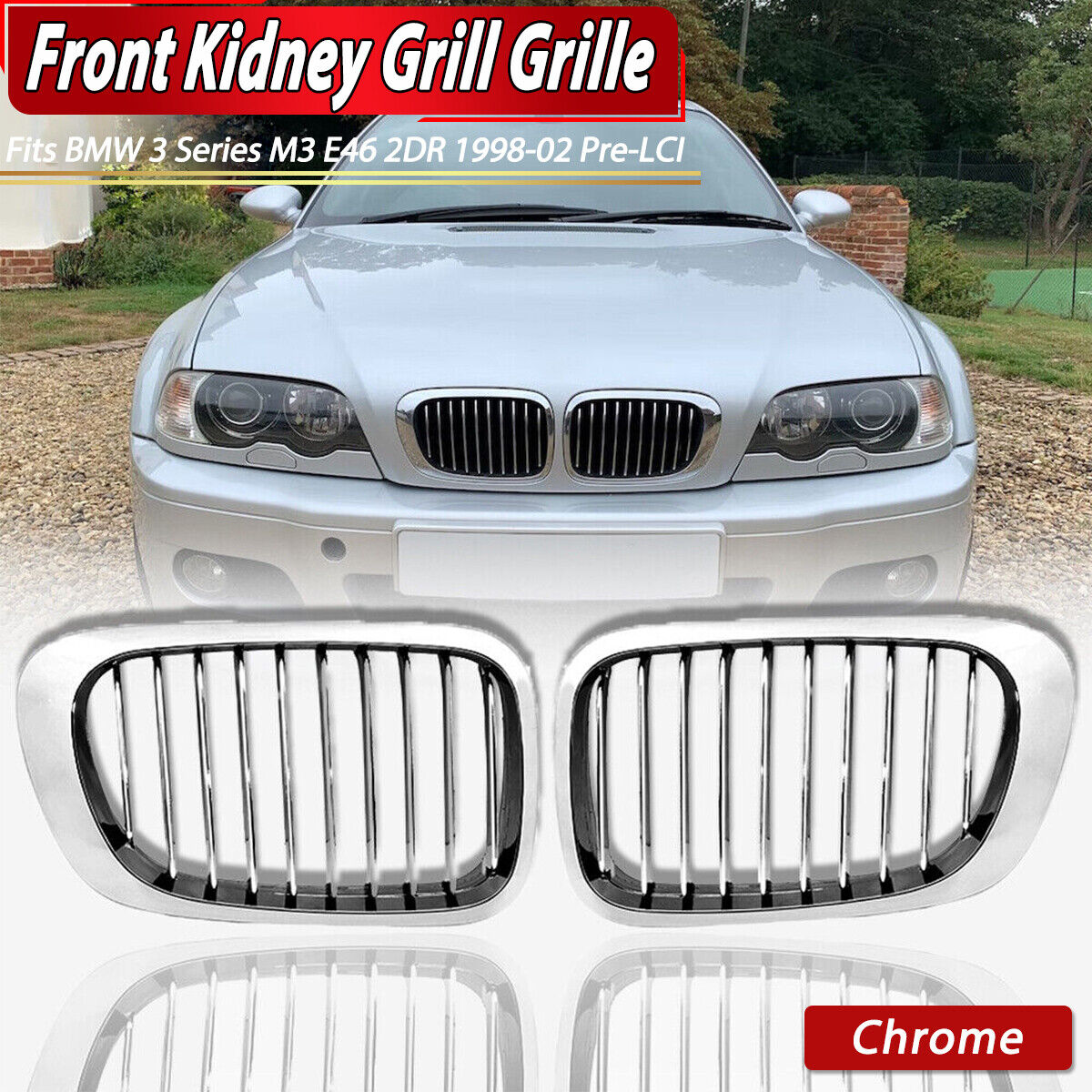 Chrome Front Kidney Grille For 1999-02 BMW 3 Series E46 325Ci 330Ci Convertible