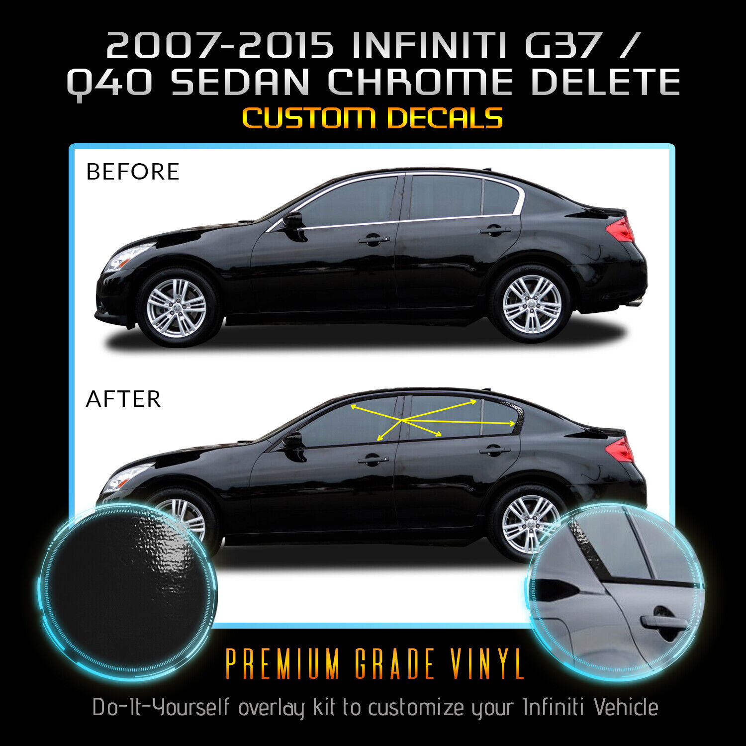 Fit 07-15 Infiniti G35 G37 Q40 Sedan Window Chrome Delete Blackout Glossy Black