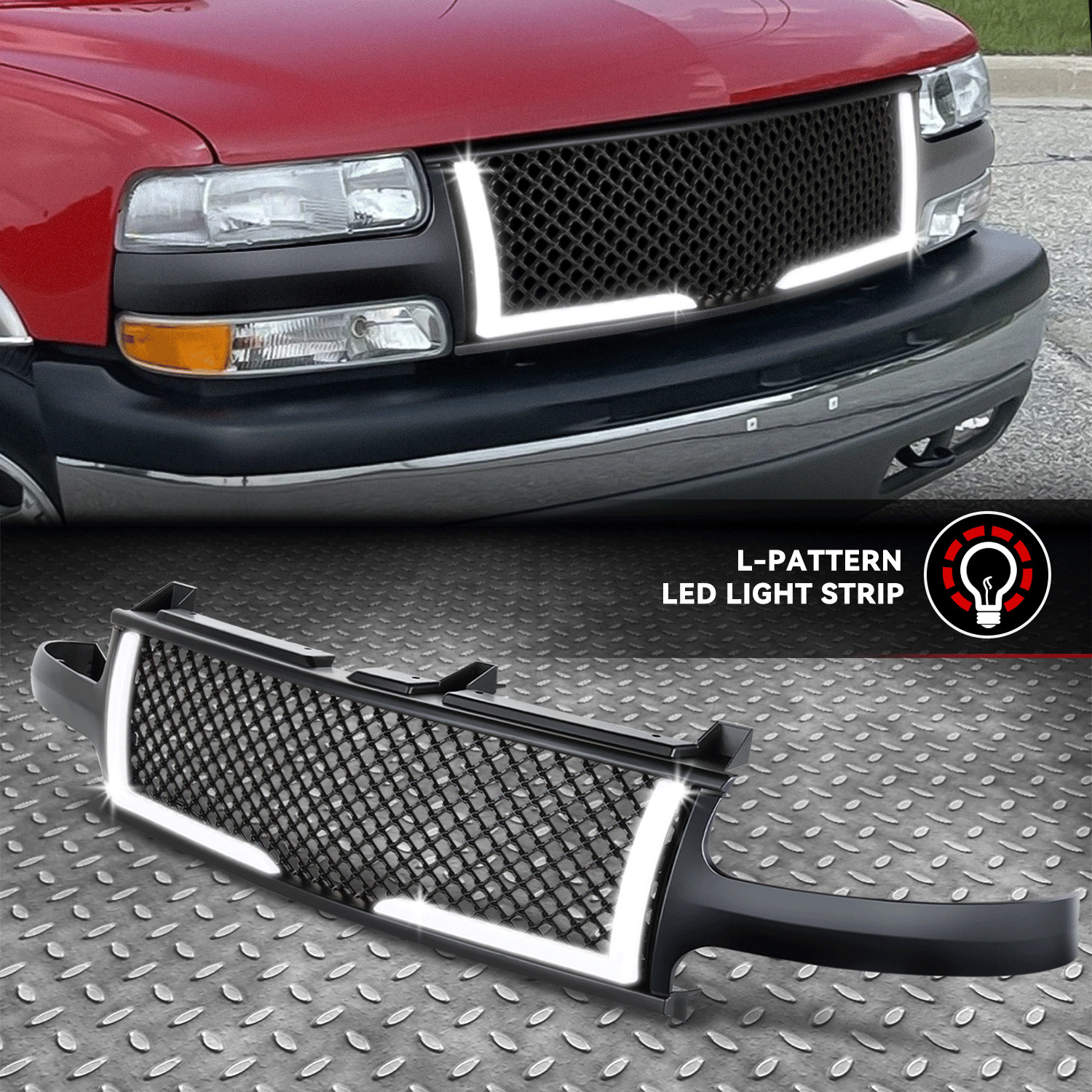 For 99-06 Chevy Silverado Suburban Tahoe Matte Black Mesh Front Grille w/LED DRL