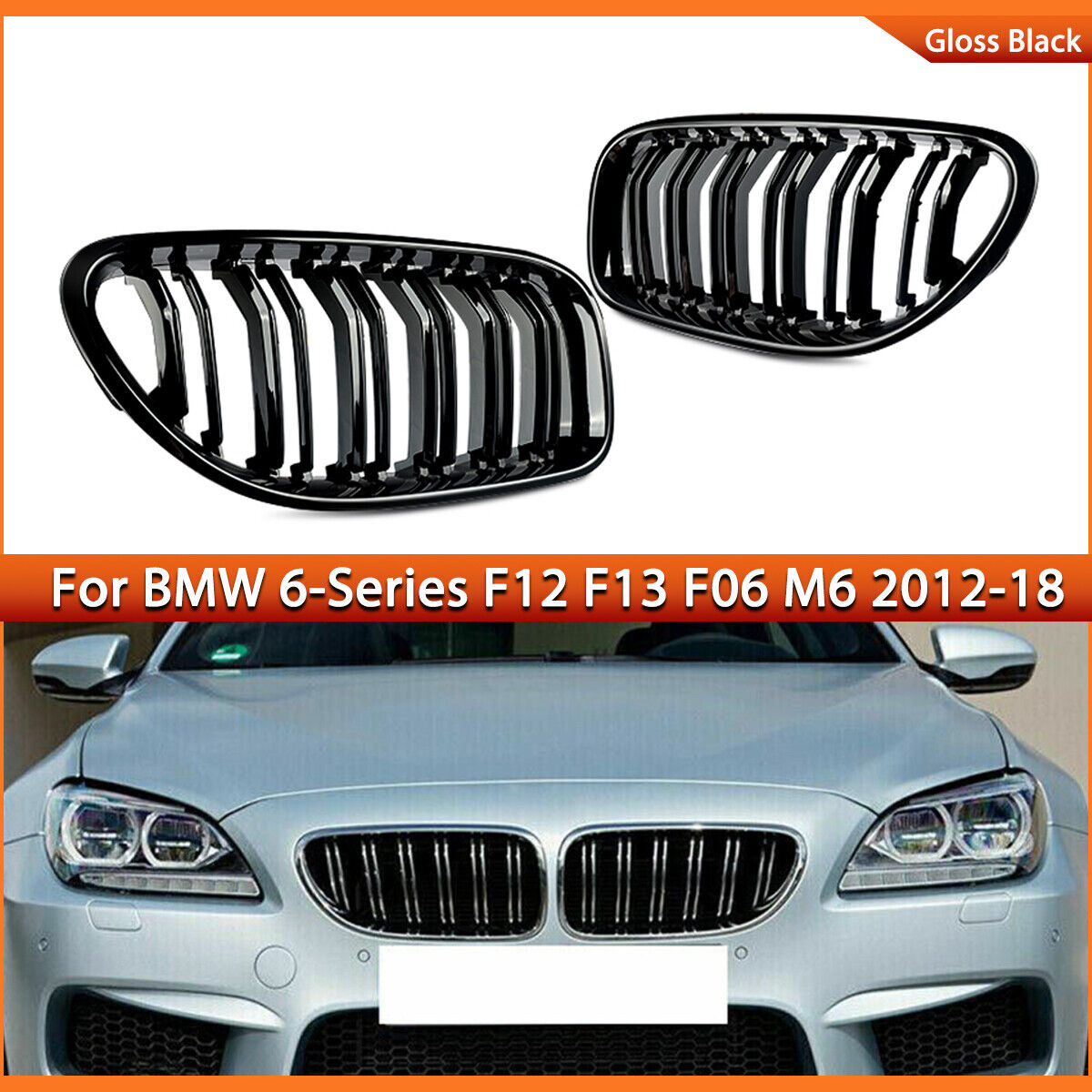 For 2012-2018 BMW F06 F12 F13 M6 650i 640i Front Kidney Grille Grill Gloss Black