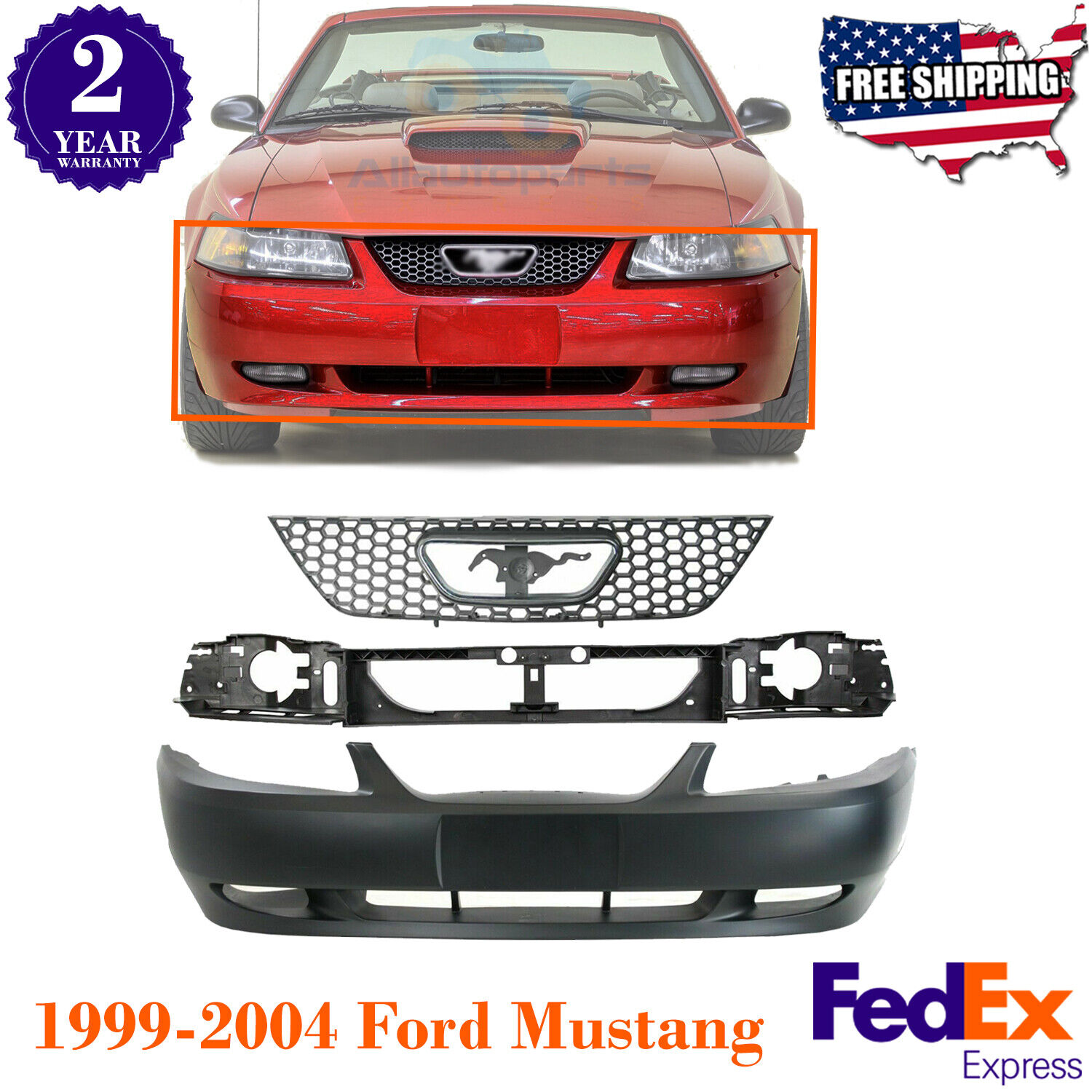 Front Bumper Cover Primed + Grille + Header Panel For 1999-2004 Ford Mustang GT