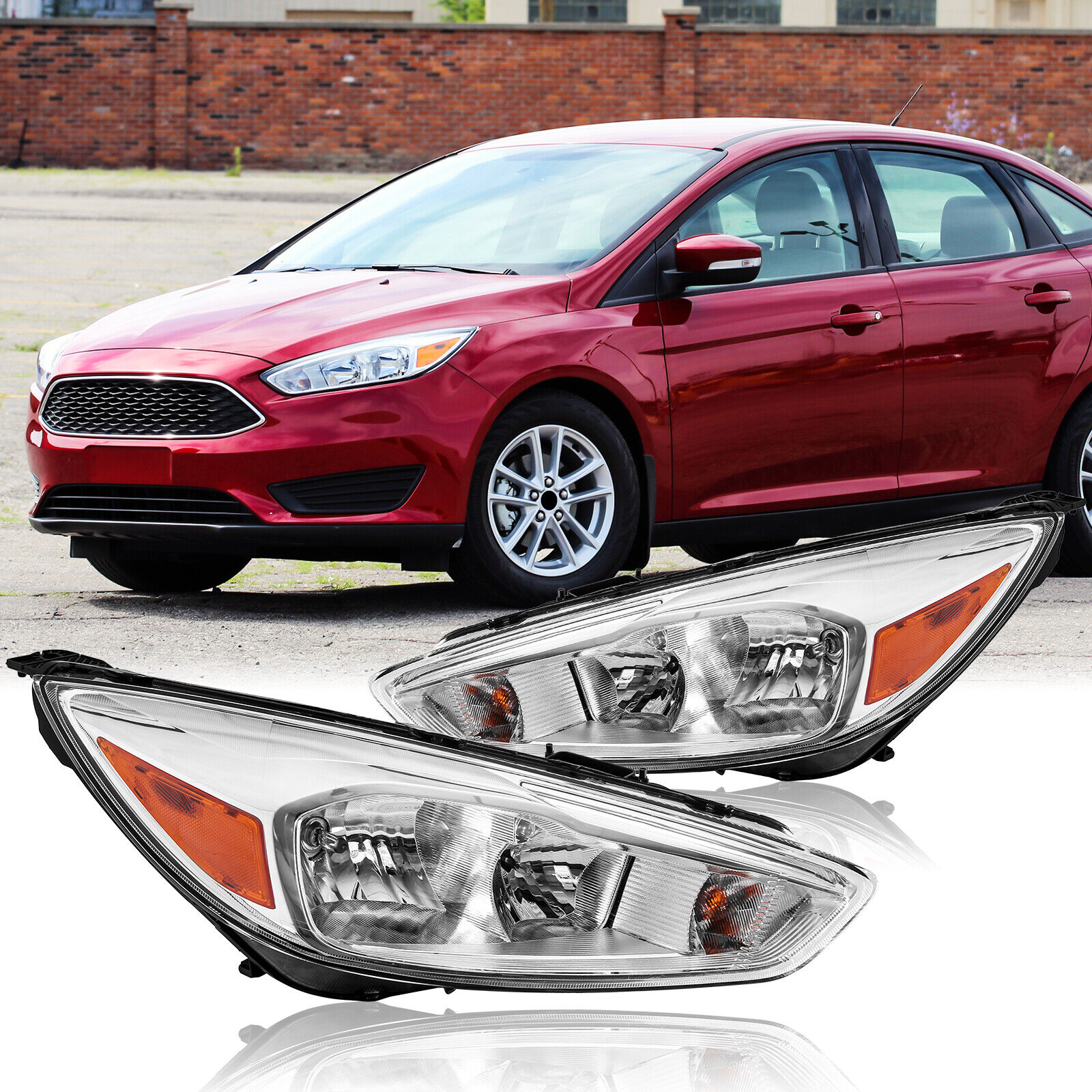 Fit For 2015-2018 Ford Focus Chrome Headlights Assembly Pair W/O LED DRL W/Bulbs