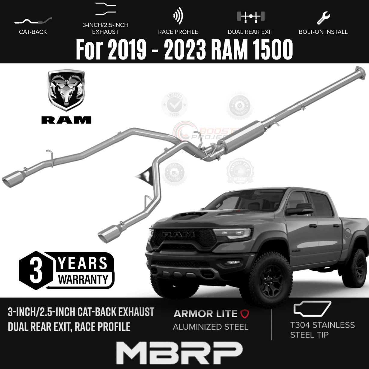 MBRP 3'' / 2.5'' Cat-Back Dual Pre AL Exhaust w/ SS Tip For 2019 - 2023 Ram 1500