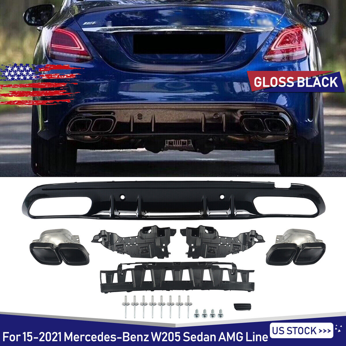 For 2015+ Mercedes C Class W205 AMG C63 Style Rear Bumper Diffuser +Exhaust Pipe