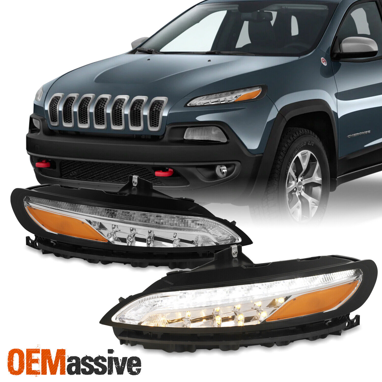 Fit Jeep Cherokee 2014-2018 DRL Running Lights w/ Signal Lamps - Chrome Housing