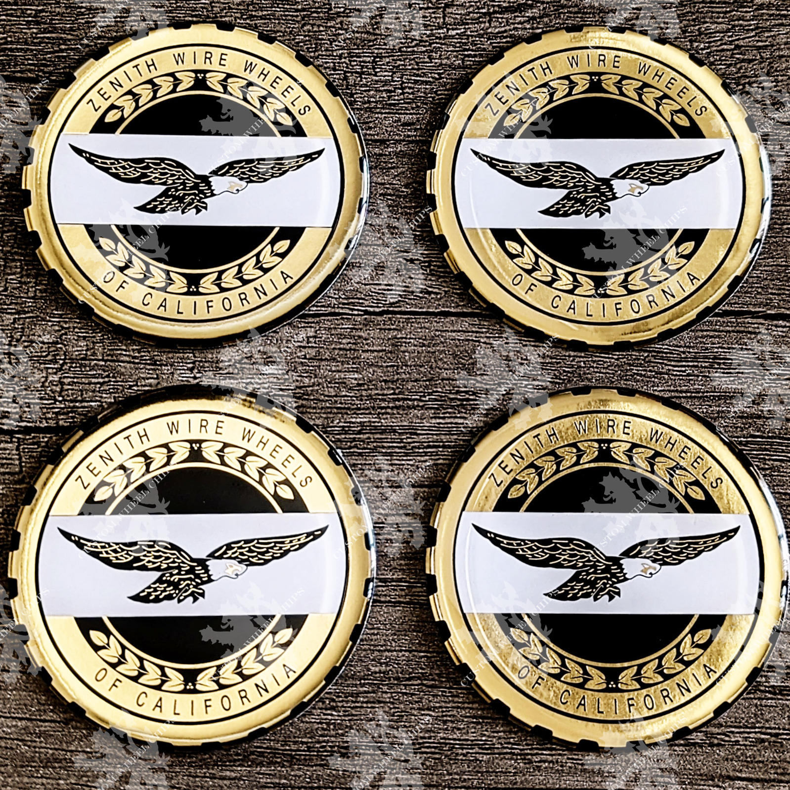Black and Gold Zenith Eagle Wire Wheel Chips Caps Set of 4 Size 2.25 inches