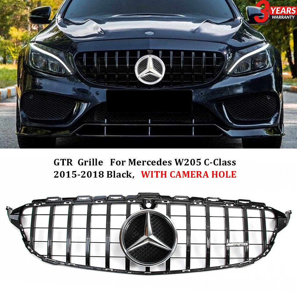 Black GTR Style Grill W/LED Emblem For 2015-2018 Mercedes W205 C-Class C250 C300
