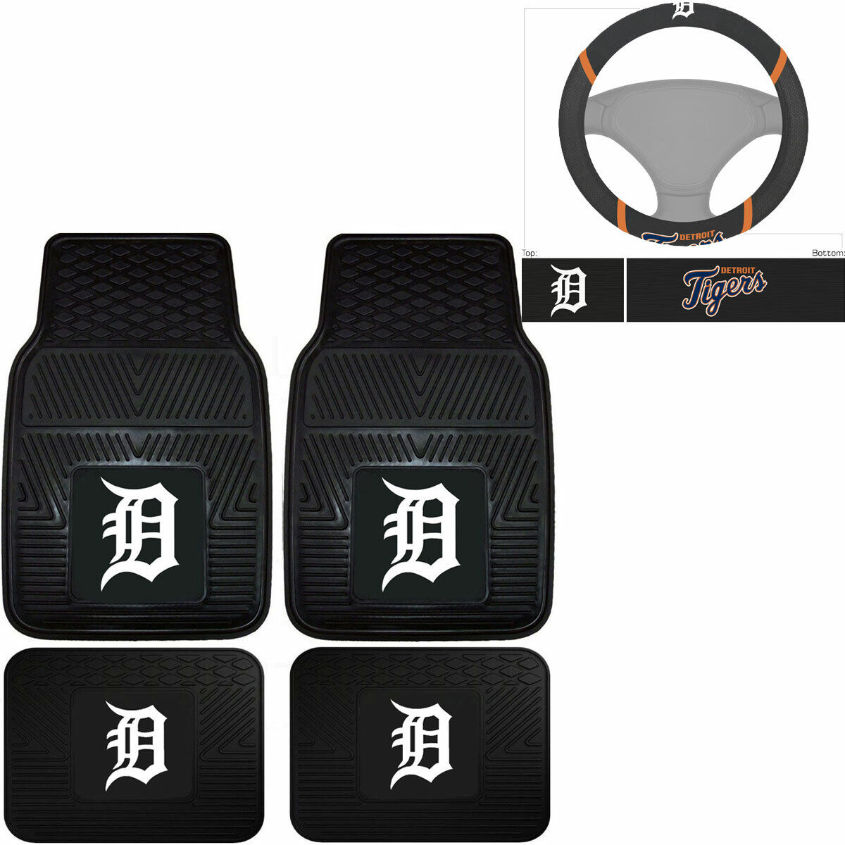 NEW 5PC MLB Detroit Tigers Car Truck Rubber Floor Mats & Steering Wheel Cover