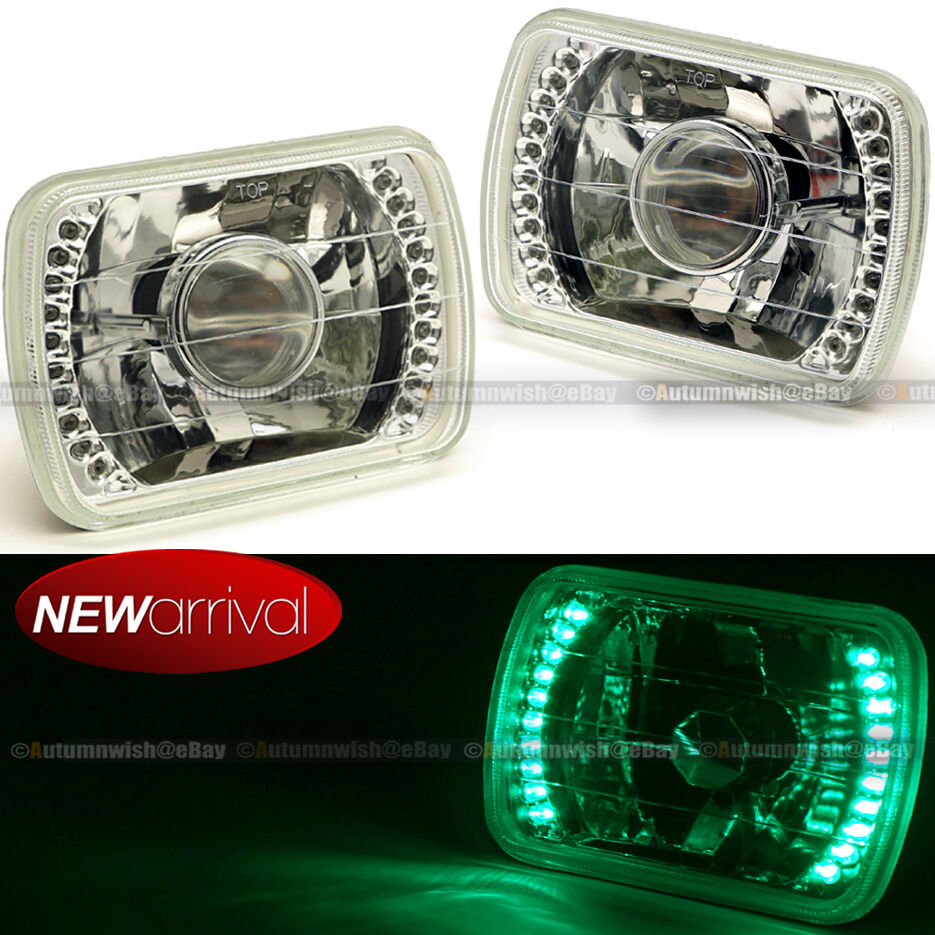 Pair 7x6 H6014 H6052 H6​054 Green LED Angel Eye DRL Diamond Projector Headlight
