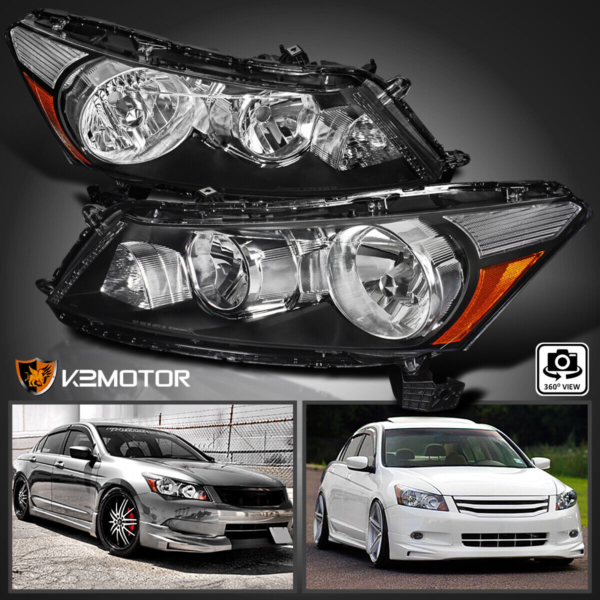Fits 2008-2012 Honda Accord 4Dr Sedan Black Headlights Lamps Left+Right 08-12