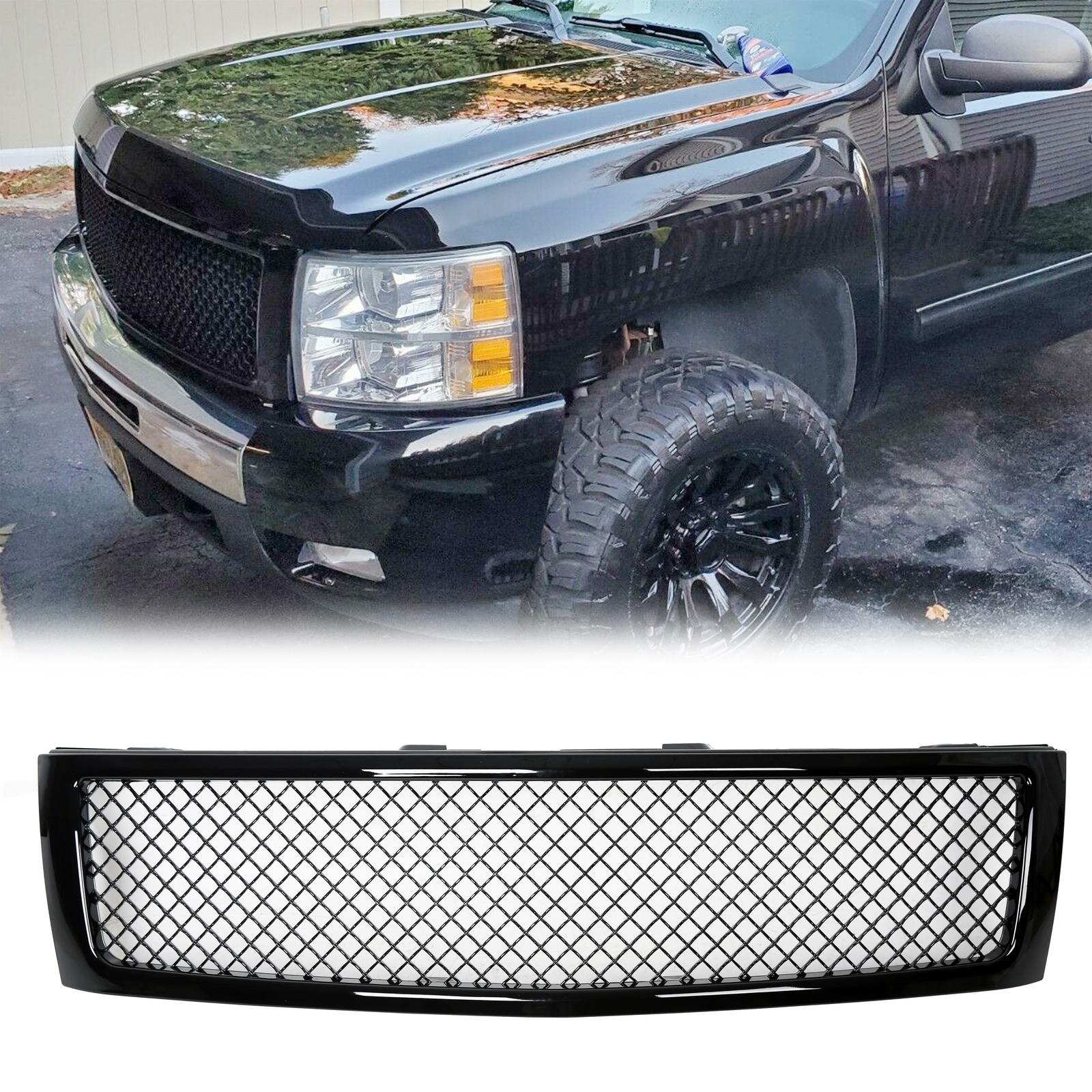 For 20072013 Chevy Silverado 1500 Glossy Black Front Hood Mesh Grill