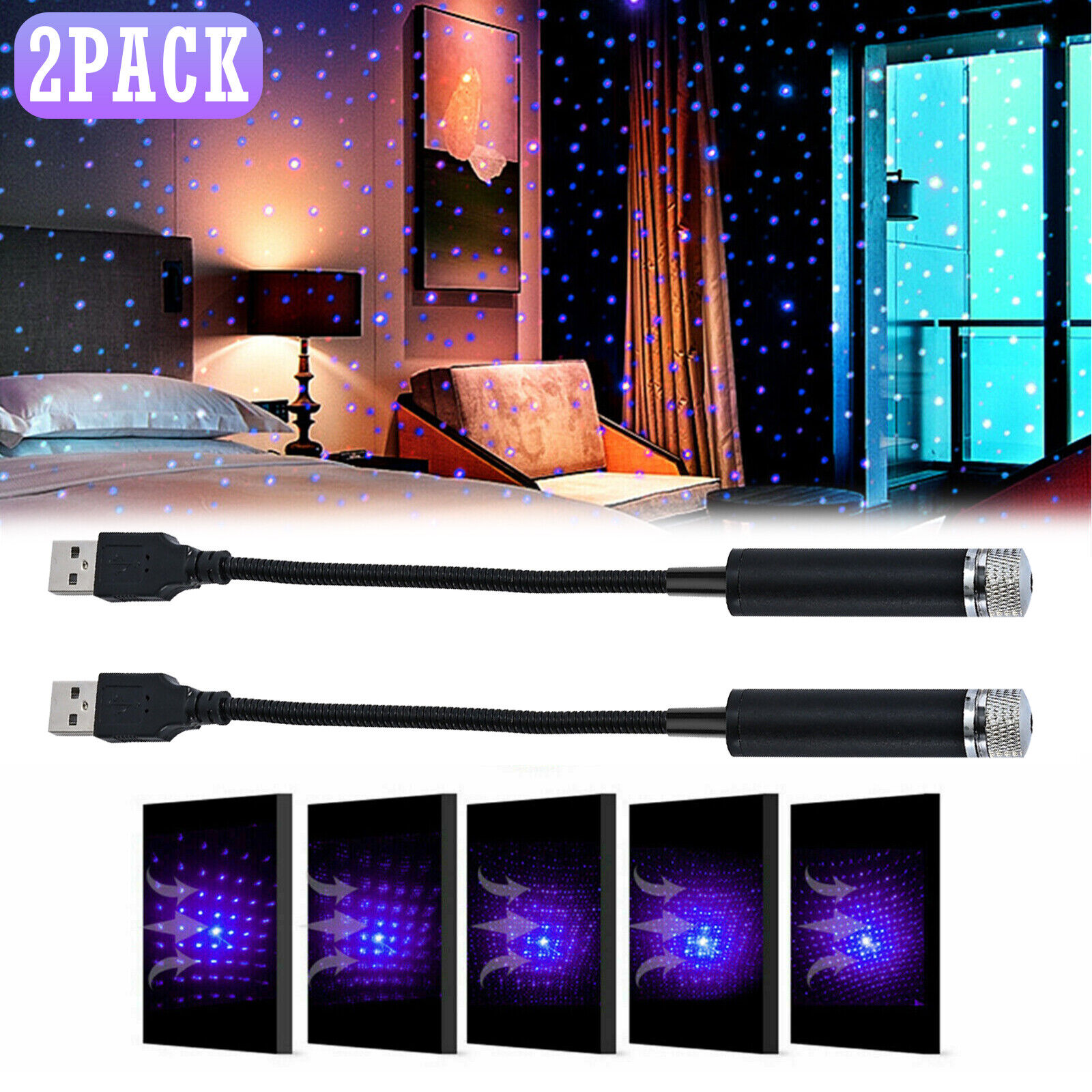 2pc Car Interior Roof LED Star Light USB Atmosphere Starry Sky Projector Lamp 