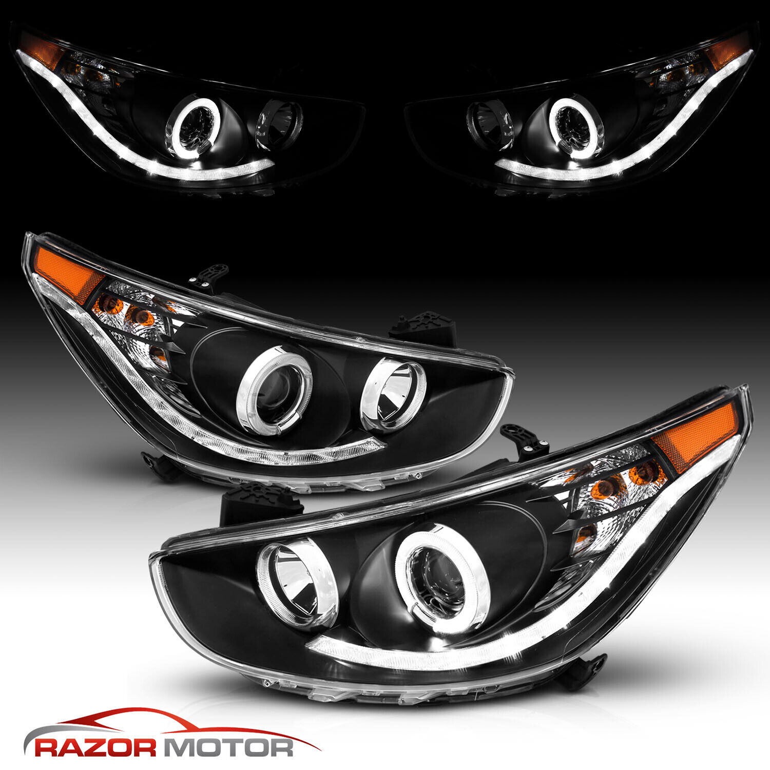 For 2012-2014 Hyundai Accent Sedan/Hatchback LED Halo Projector Black Headlights