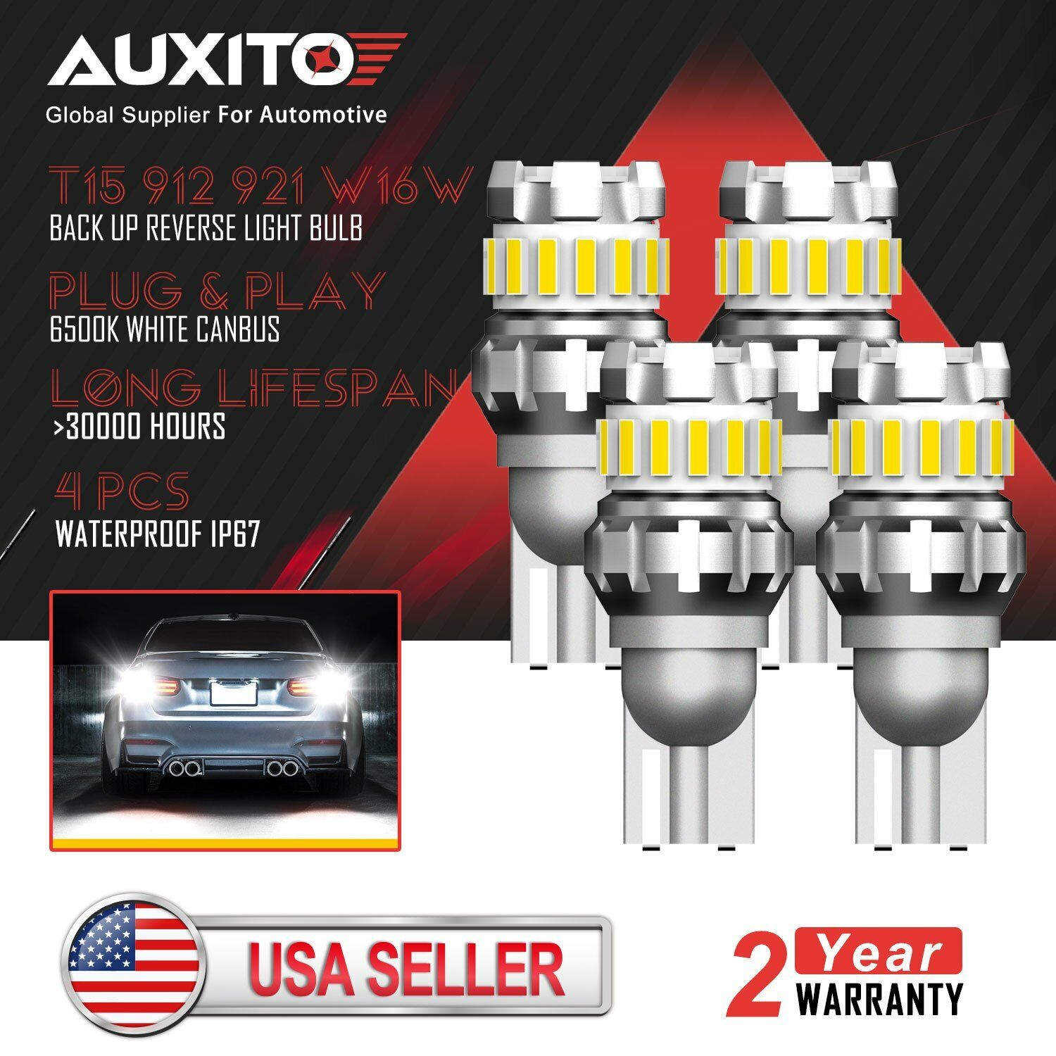4x AUXITO T15 921 LED Back up Reverse Light Bulb 2400LM Xenon White Error Free