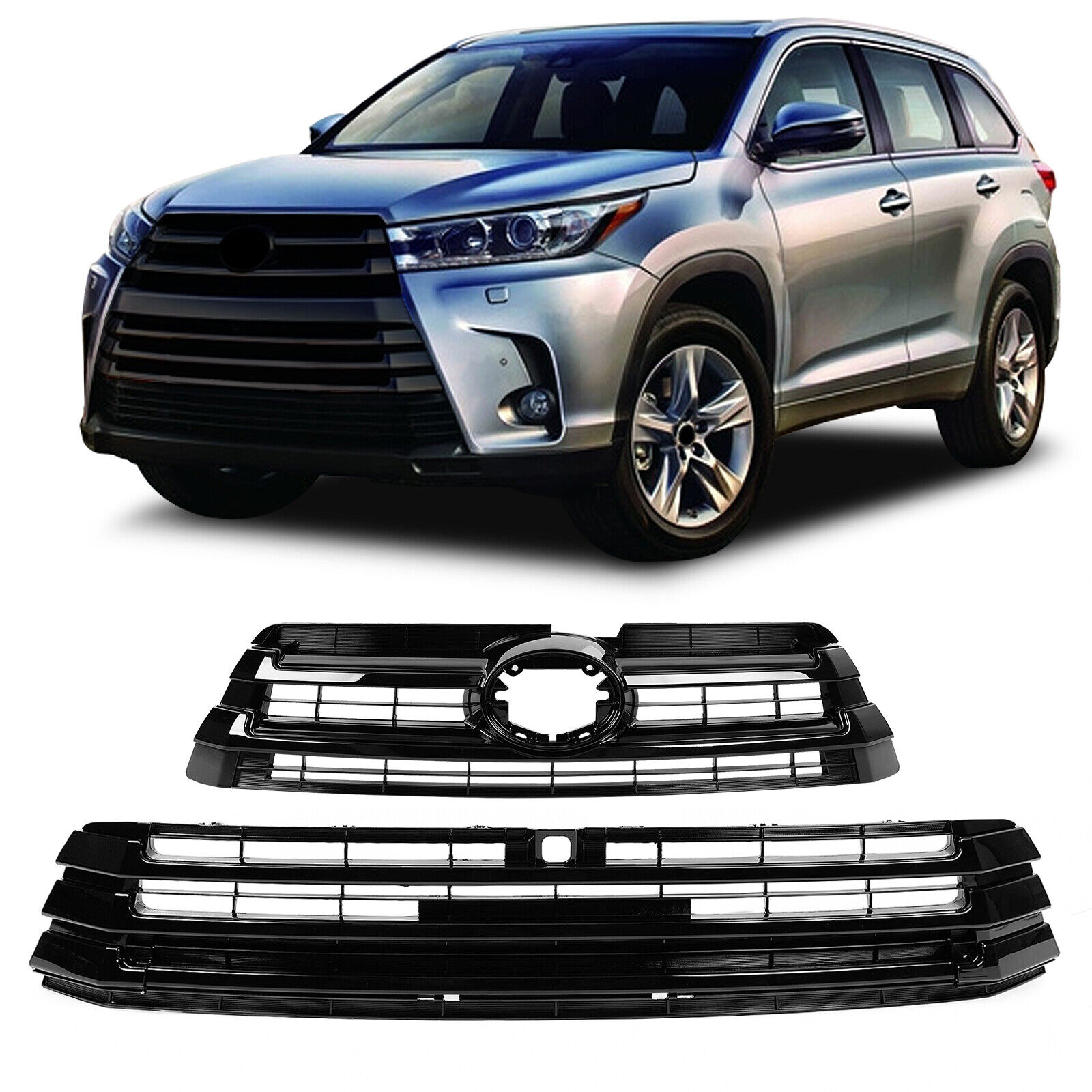 Front Upper and Lower Grille Grill For Toyota Highlander 2017-2019 Gloss Black