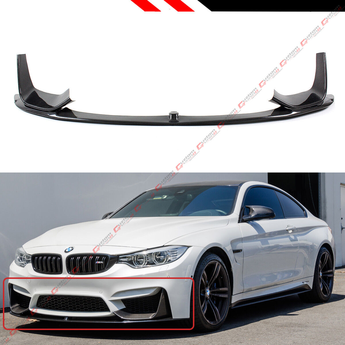 For 2015-19 BMW F80 M3 F82 M4 Carbon Fiber Front Bumper Lip + 2 Pc Splitters Set