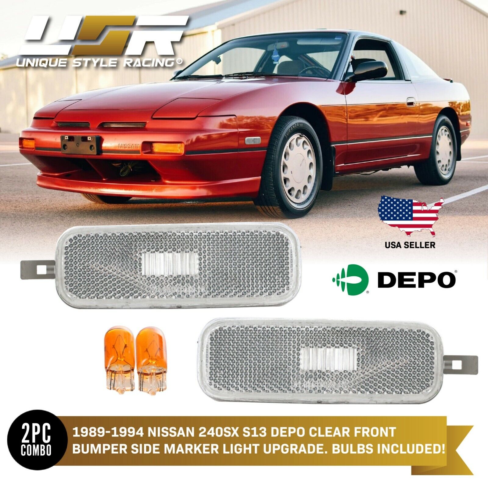 DEPO Pair Crystal Clear Fender Side Marker Light For 1989-1994 Nissan 240SX S13