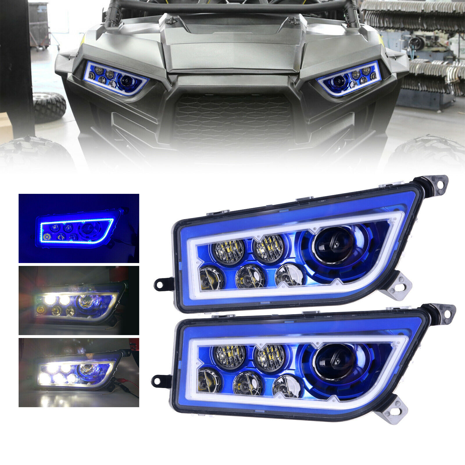 2X Blue Angel Eyes ATV LED Headlights For Polaris RZR 900 General 1000 XP Turbo