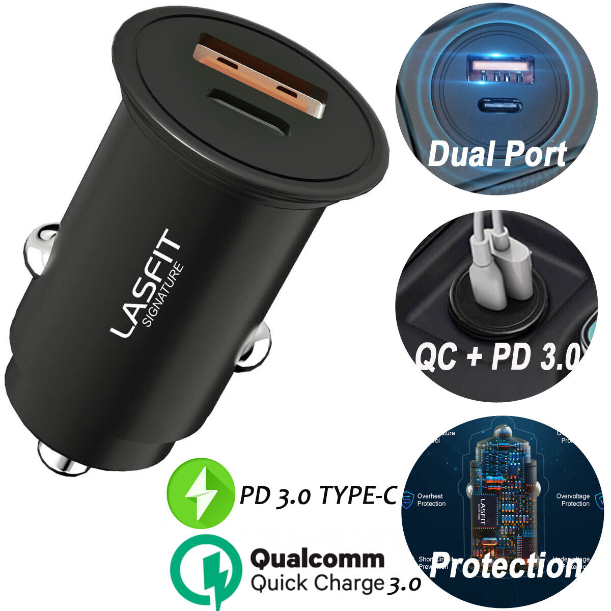 Lasfit Dual USB Car Charger 38W For iPhone 13 12 11 Pro Max Samsung Galaxy