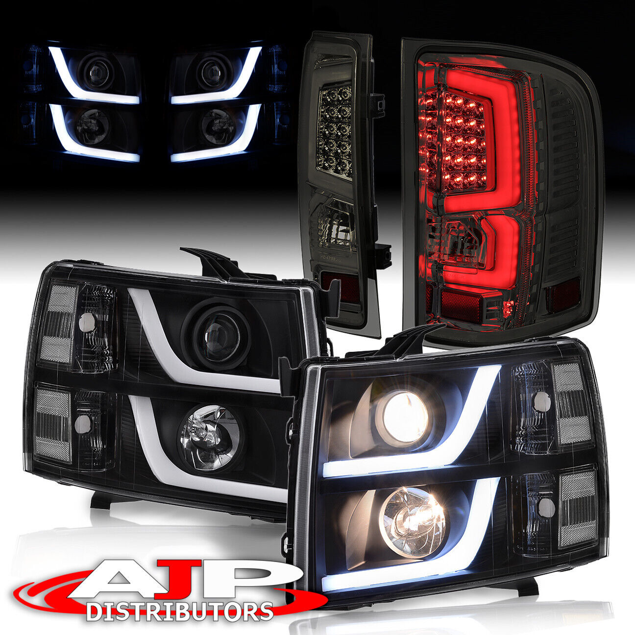 Black Housing LED DRL Headlights + Black LED Tail Lights For 2007-2013 Silverado