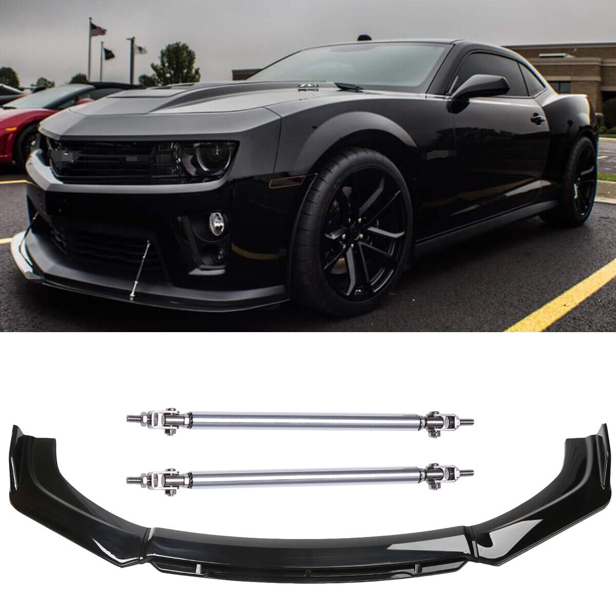 Gloss Black For Chevy Camaro Front Bumper Lip Splitter Spoiler Kit + Strut Rods 