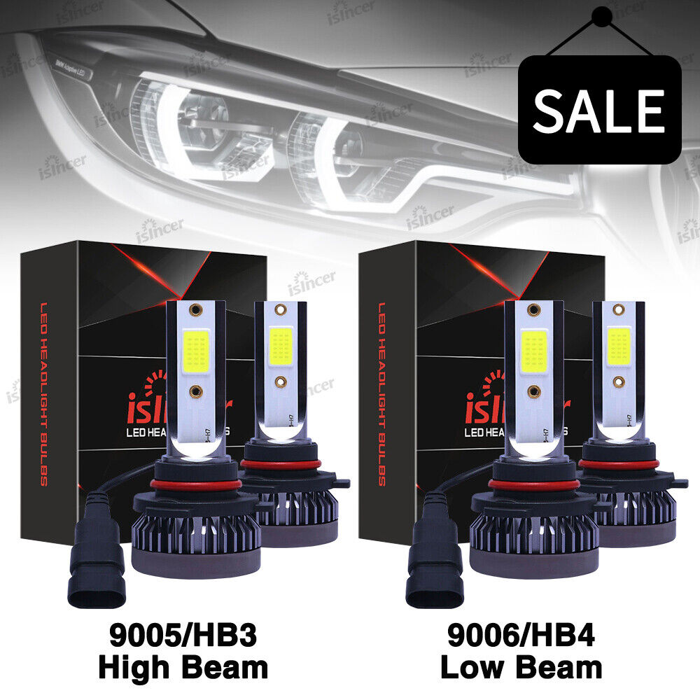 4PCS 9005 9006 LED Combo Headlight Kit Bulbs 6000K Cool White COB High Low Beam