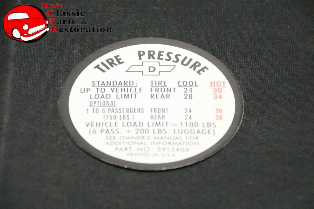 1967 67 Chevrolet Chevy Belair Bel Air Biscayne Impala Tire Pressure Decal