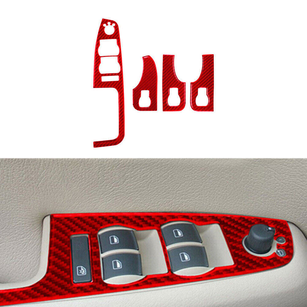 4Pcs Red Carbon Fiber Windows Control Panel Trim Sticker For Audi A4 S4 2005-08