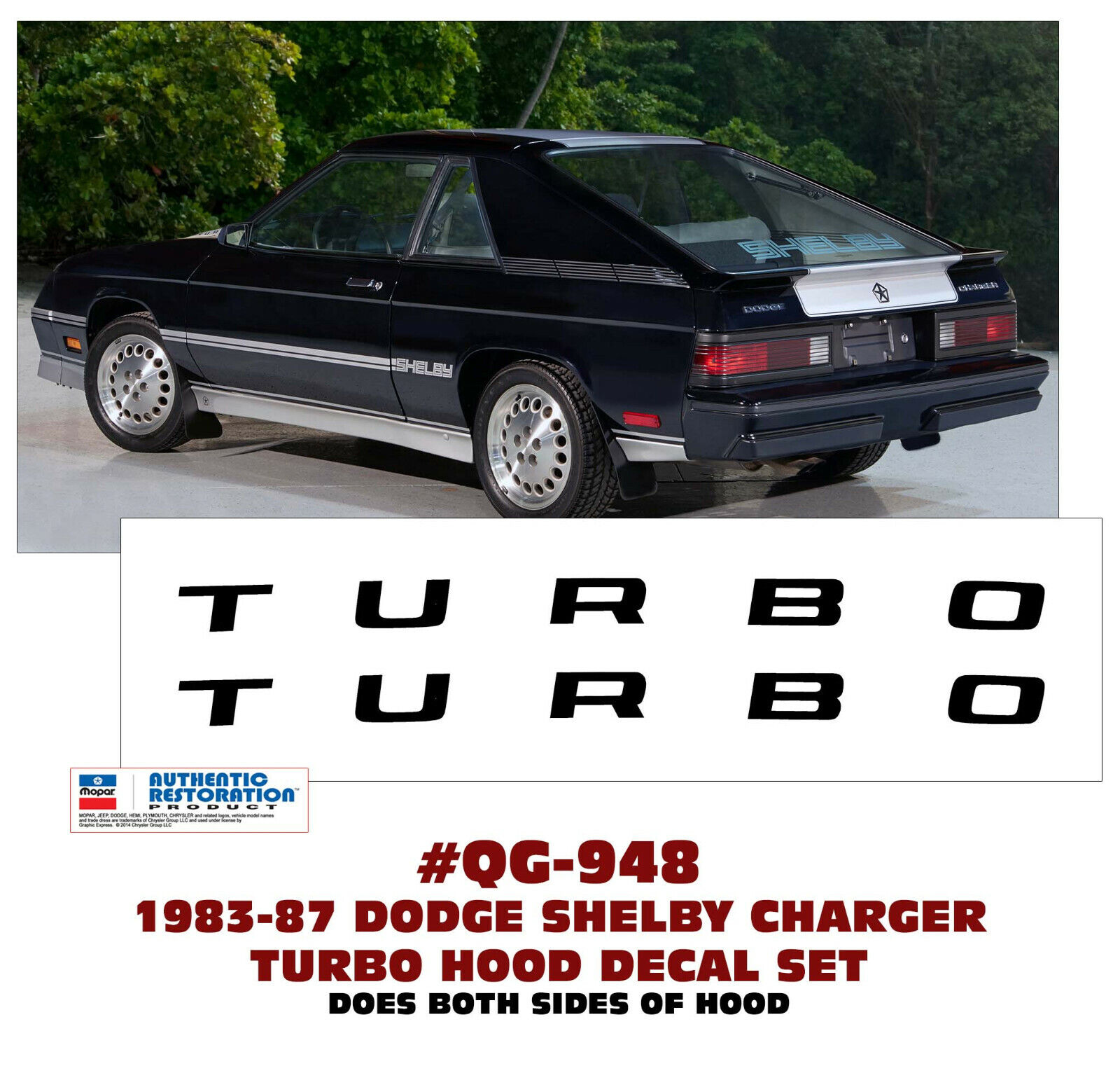 QG-948 1983-87 DODGE SHELBY CHARGER - TURBO HOOD DECAL SET - LICENSED